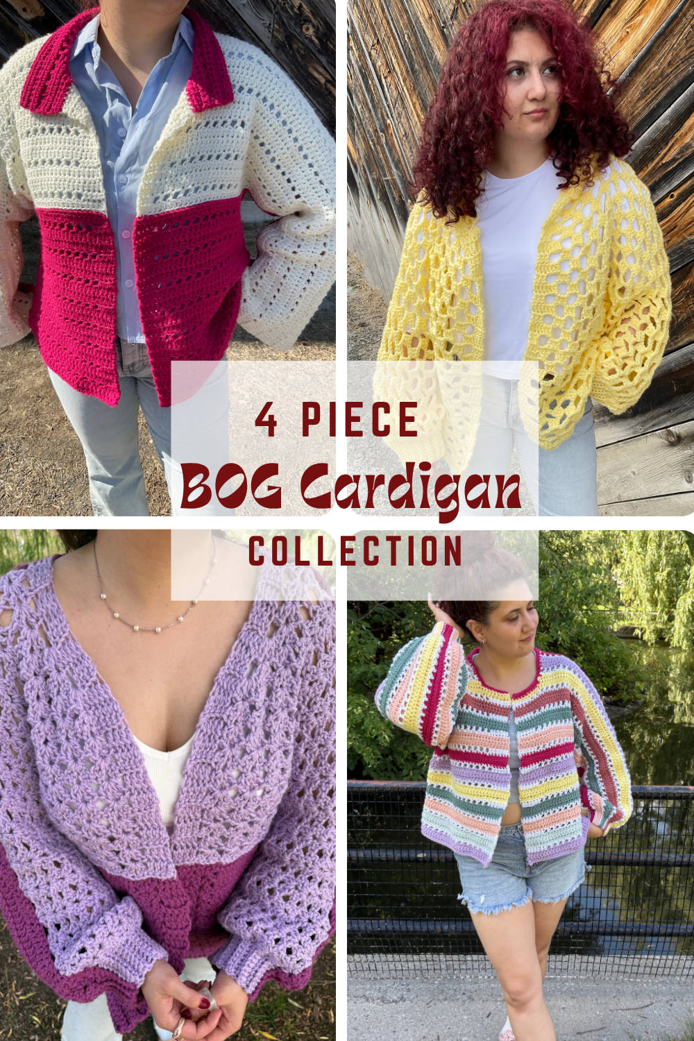 4- Piece Crochet BOG cardigan pattern collection – 4 Digital PDF Patterns | Curie Bog Cardi, Origami Bog, Floral Kiss Bog, and Tumbleweed