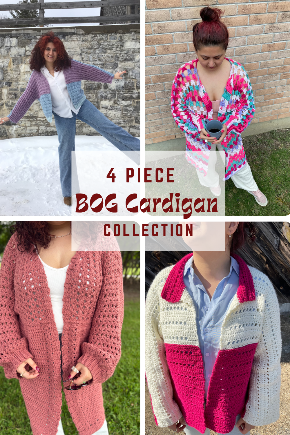 4- Piece Crochet BOG cardigan pattern collection – 4 Digital PDF Patterns | P-BOG, Hoodless Origami Bog, Floral Kiss Bog, and Tumbleweed Bog Cardigans