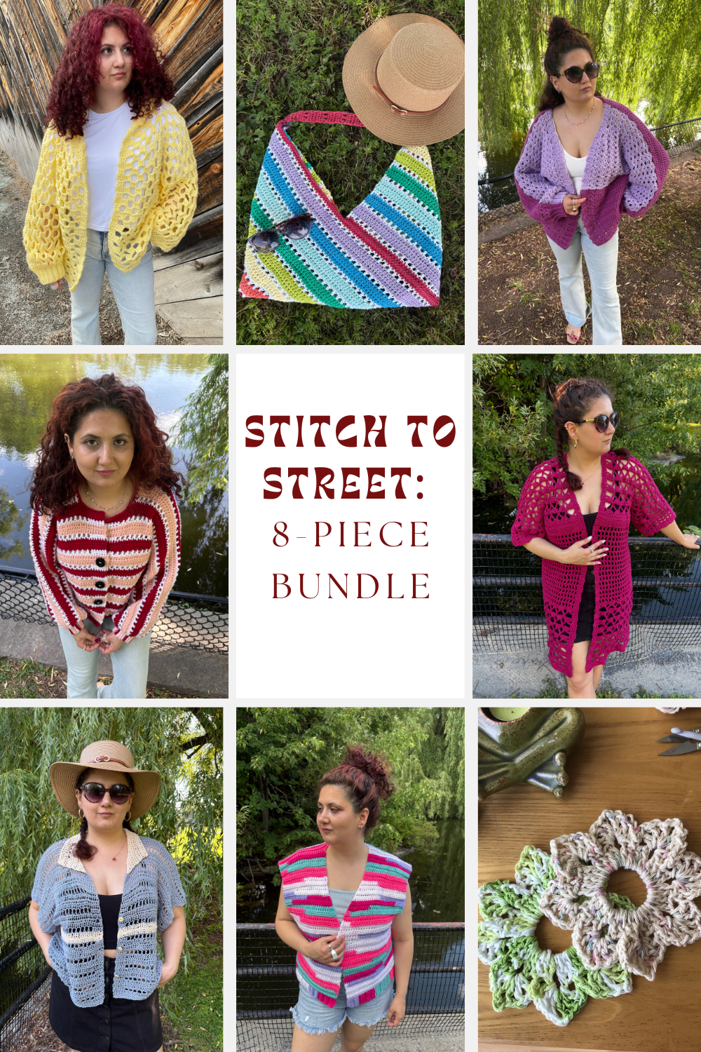 Stitch to Street: 8-piece Bundle | 8 Digital PDF Patterns | 3 Bog cardigans, 1 Bog vest, 1 relaxed-fit shirt, 1 kimono, 1 crochet bag, 1 scrunchie