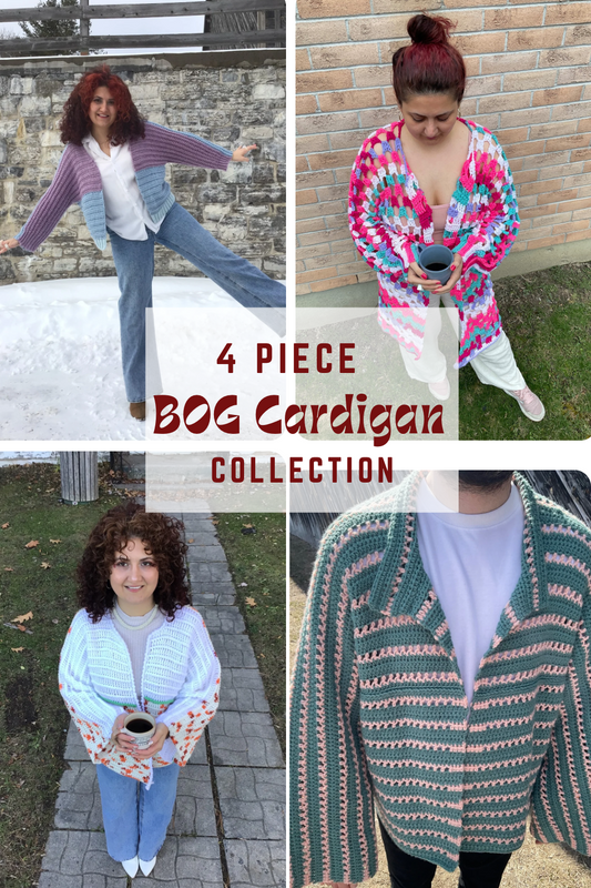 4-Piece Crochet BOG cardigan pattern collection – 4 Digital PDF Patterns | P-BOG, Hoodless Origami Bog, Tumbleweed Bog, and Darwin Cardigans