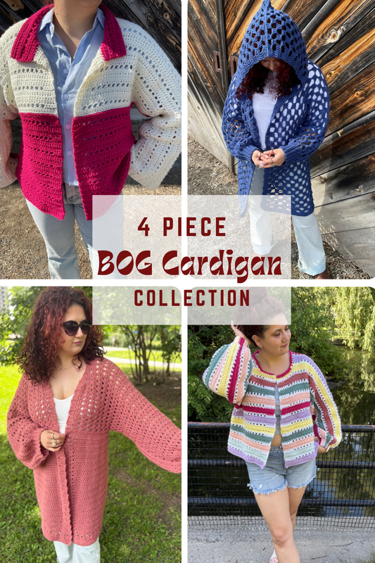 4- Piece Crochet BOG cardigan pattern collection – 4 Digital PDF Patterns | Curie Bog Cardi, Origami Bog, Floral Kiss Bog, and Tumbleweed