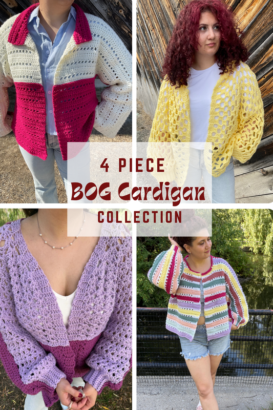 4- Piece Crochet BOG cardigan pattern collection – 4 Digital PDF Patterns | Curie Bog Cardi, Origami Bog, Floral Kiss Bog, and Tumbleweed