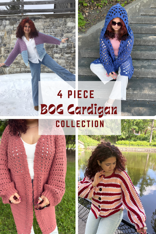 4- Piece Crochet BOG cardigan pattern collection – 4 Digital PDF Patterns | P-BOG, Origami Bog, Curie Bog Cardi, and Floral Kiss Bog Cardigans