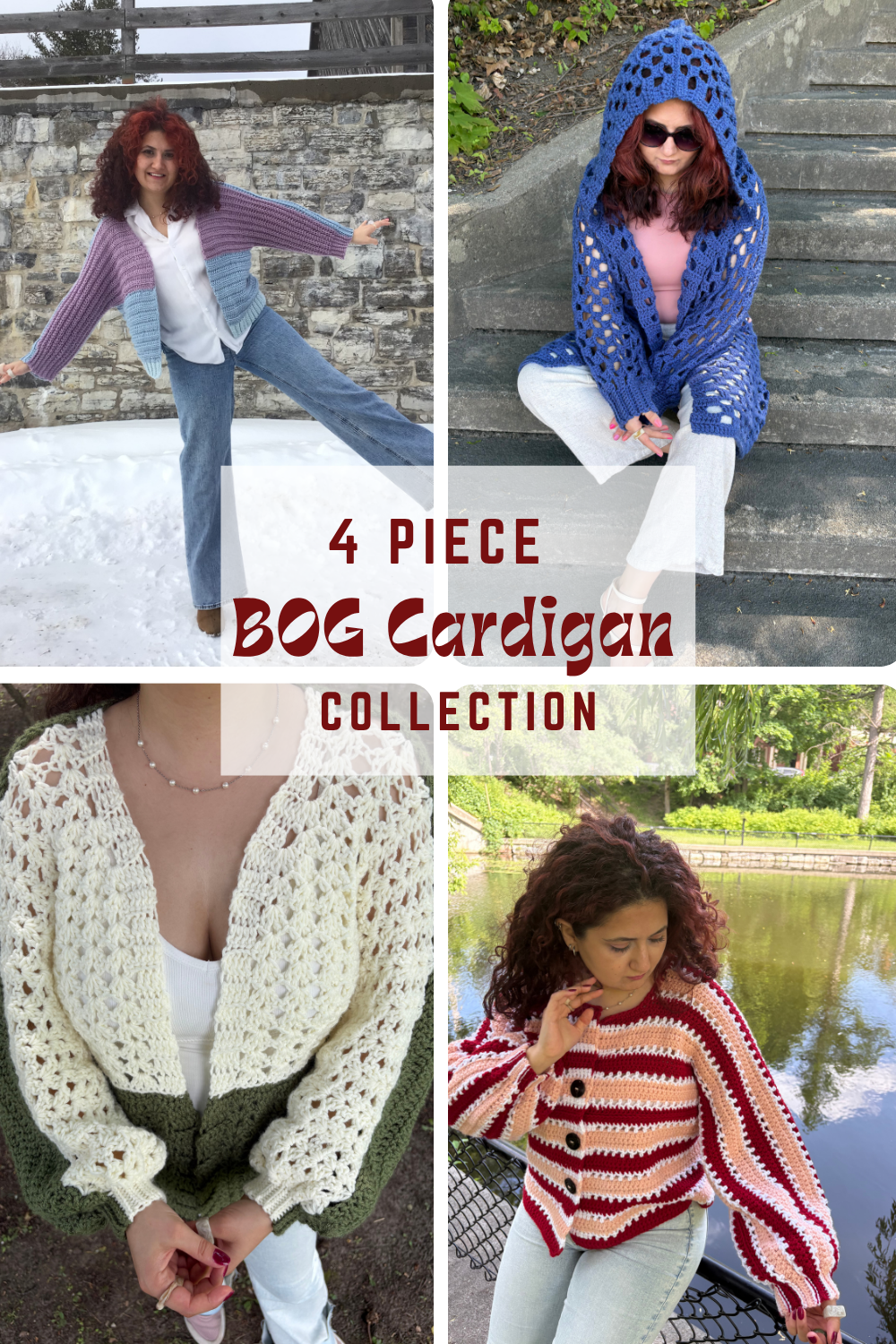 4- Piece Crochet BOG cardigan pattern collection – 4 Digital PDF Patterns | P-BOG, Origami Bog, Curie Bog Cardi, and Floral Kiss Bog Cardigans