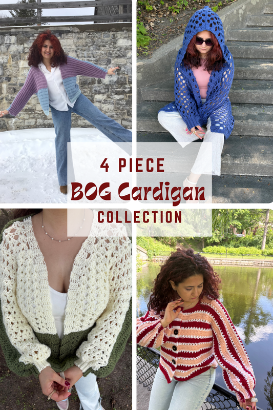 4- Piece Crochet BOG cardigan pattern collection – 4 Digital PDF Patterns | P-BOG, Origami Bog, Curie Bog Cardi, and Floral Kiss Bog Cardigans