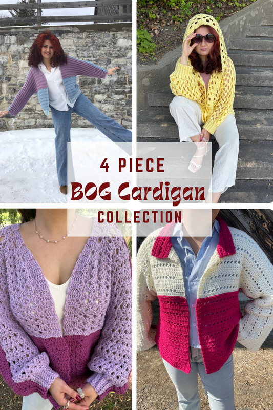 4- Piece Crochet BOG cardigan pattern collection – 4 Digital PDF Patterns | P-BOG, Origami Bog, Floral Kiss Bog, and Tumbleweed Bog Cardigans