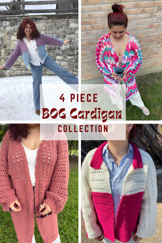 4- Piece Crochet BOG cardigan pattern collection – 4 Digital PDF Patterns | P-BOG, Hoodless Origami Bog, Floral Kiss Bog, and Tumbleweed Bog Cardigans