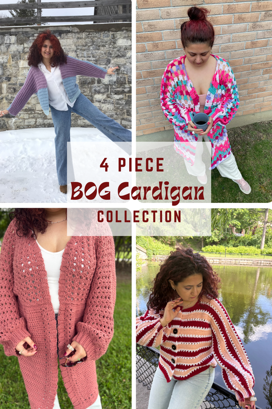 4- Piece Crochet BOG cardigan pattern collection – 4 Digital PDF Patterns | P-BOG, Hoodless Origami Bog, Curie Bog Cardi, and Floral Kiss