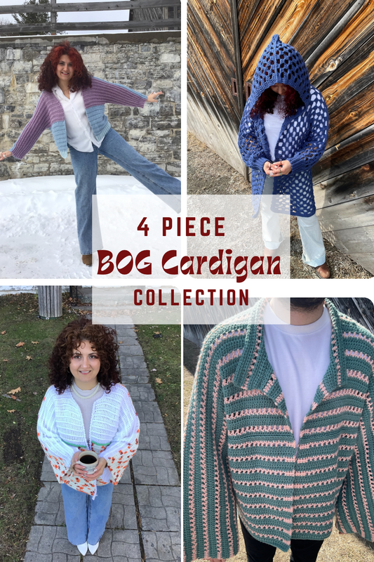 4- Piece Crochet BOG cardigan pattern collection – 4 Digital PDF Patterns | P-BOG, Origami Bog, Tumbleweed Bog, and Darwin Cardigans