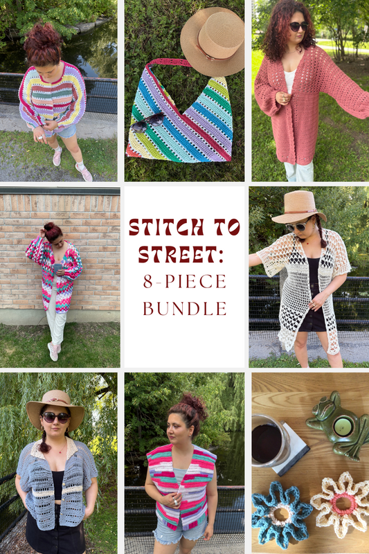 Stitch to Street: 8-piece Bundle | 8 Digital PDF Patterns | 3 Bog cardigans, 1 Bog vest, 1 relaxed-fit shirt, 1 kimono, 1 crochet bag,  1 scrunchie