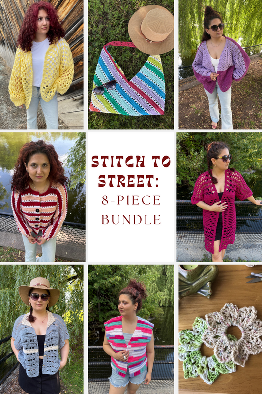 Stitch to Street: 8-piece Bundle | 8 Digital PDF Patterns | 3 Bog cardigans, 1 Bog vest, 1 relaxed-fit shirt, 1 kimono, 1 crochet bag,  1 scrunchie