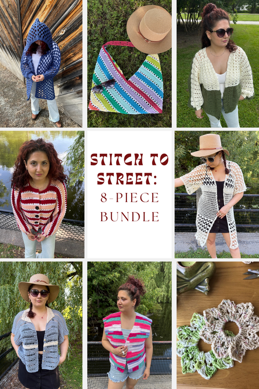 Stitch to Street: 8-piece Bundle | 8 Digital PDF Patterns | 3 Bog cardigans, 1 Bog vest, 1 Bog shirt, 1 kimono,1 rectangular bag,A scrunchie