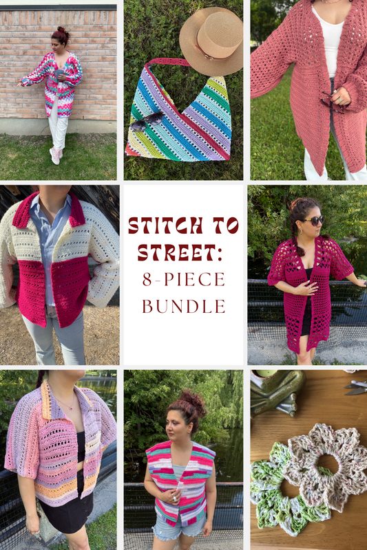 Stitch to Street: 8-piece Bundle | 8 Digital PDF Patterns | 3 Bog cardigans, 1 Bog vest, 1 relaxed-fit shirt, 1 kimono, 1 crochet bag, 1 scrunchie