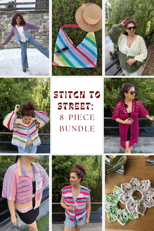 Stitch to Street: 8-piece Bundle | 8 Digital PDF Patterns | 3 Bog cardigans, 1 Bog vest, 1 Bog shirt, 1 kimono,1 rectangular bag, 1 scrunchie