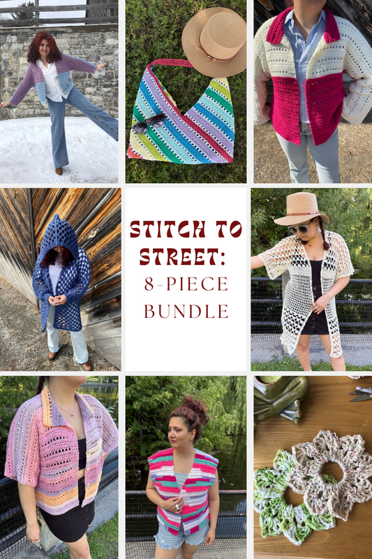 Stitch to Street: 8-piece Bundle | 8 Digital PDF Patterns | 3 Bog cardigans, 1 Bog vest, 1 relaxed-fit shirt, 1 kimono, 1 crochet bag,  1 Scrunchie