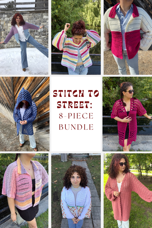Stitch to Street: 8-piece Bundle | 8 Digital PDF Patterns | 6 Bog cardigans, 1 relaxed-fit Bog shirt, 1 Bog kimono