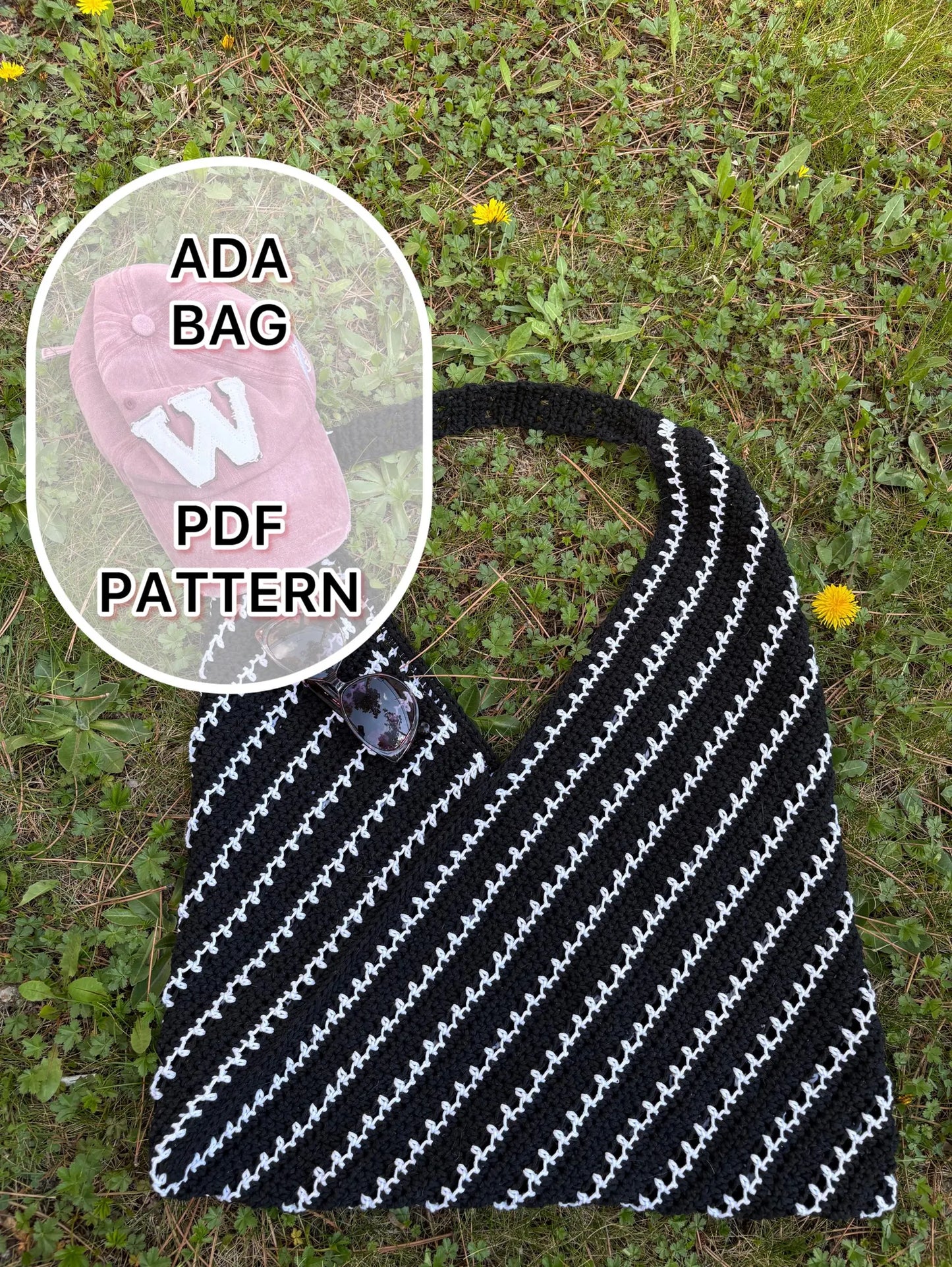 ADA Bag Crochet Pattern – Fold & Seam One-Piece Black&White Foldable Cotton Bag – Easy Level – Cotton Yarn – PDF Download